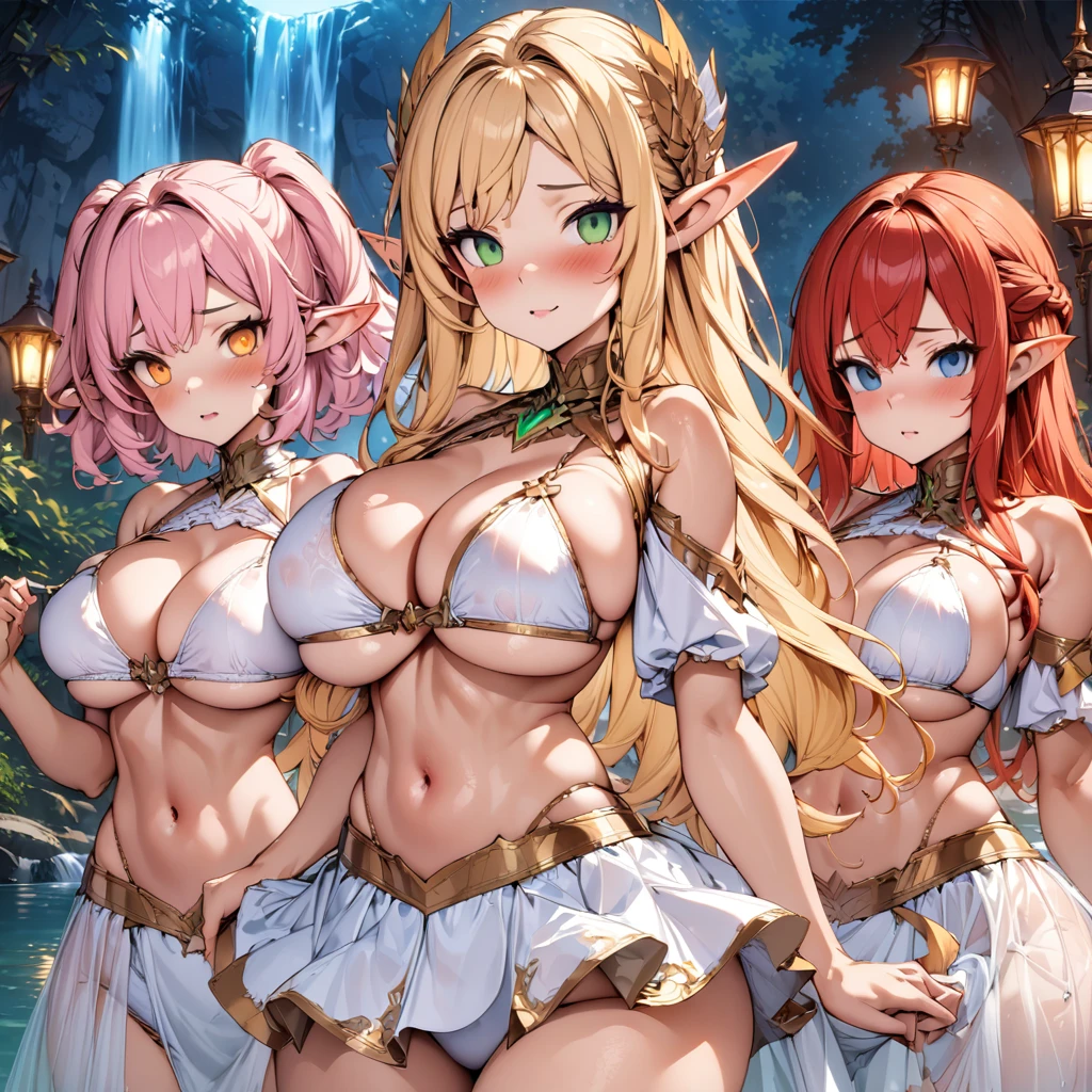 (masterpiece), (highest quality), (illustration), (super detailed), (high resolution), absurdity, 3girls,elf princess,aroused,blush,gold trim,white bikini,blonde hair,red hair,light pink hair,long hair,short hair,green eyes,orange eyes,blue eyes,hypnotized,mind control,empty eyes,night,forest lake,waterfall,looking at viewer,bimbo,cowboy shot,water