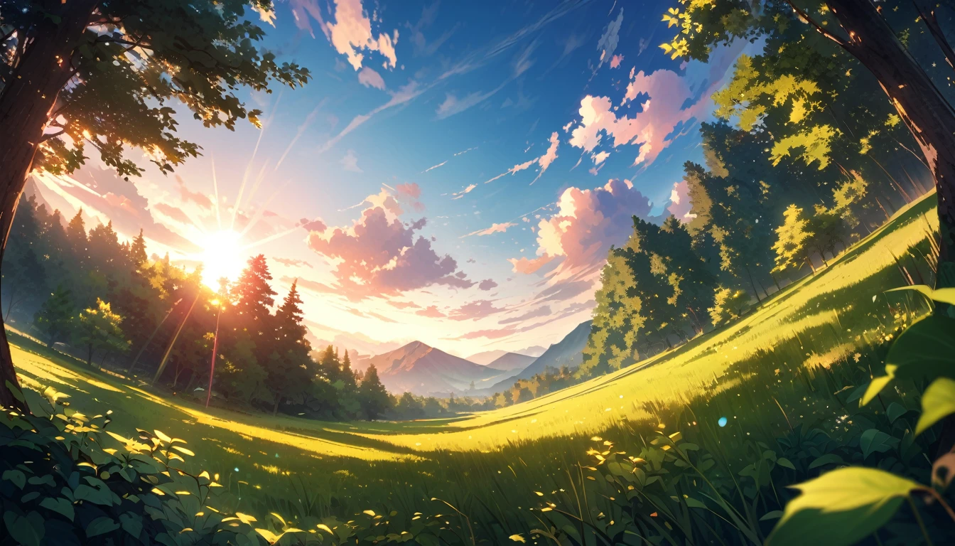 Sky, sun peeking through leaves, landscape, no people, vibrant colors, Serene, nature photography, wide-angle lens, soft sunlight, lush greenery, peaceful atmosphere, detailed foliage.,Highest quality,masterpiece