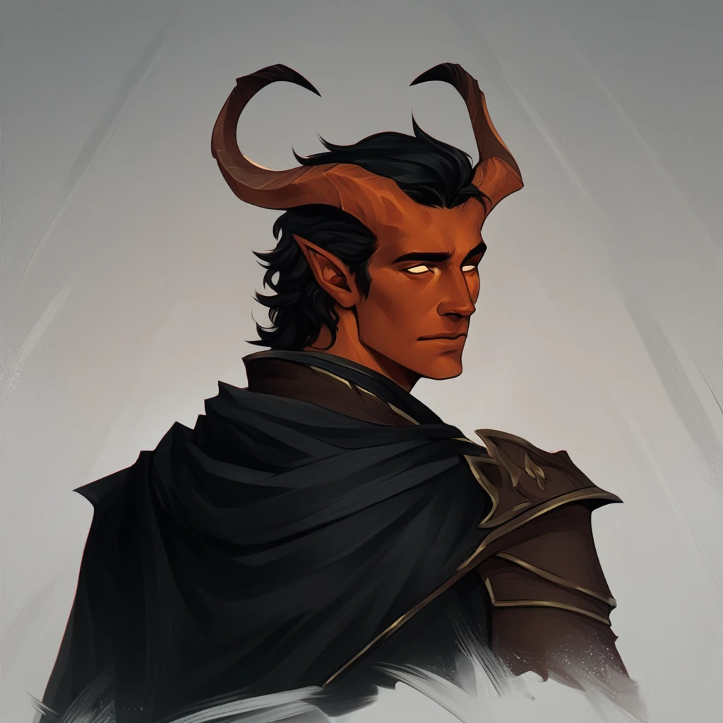 (((beautiful, high quality))), portrait, score_9, score_8_up, score_7_up, Tiefling, pointed ears, horns, 1boy, dark orange skin, black hair, black cape, fantasy background, (((comely, high qualiy))), portraite, armors, Fantasy Background
