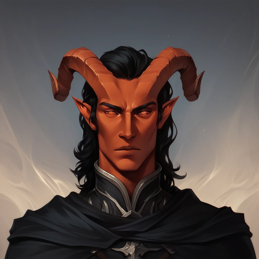 (((beautiful, high quality))), portrait, score_9, score_8_up, score_7_up, Tiefling, pointed ears, horns, 1boy, dark orange skin, black hair, black cape, fantasy background, (((comely, high qualiy))), portraite, armors, Fantasy Background