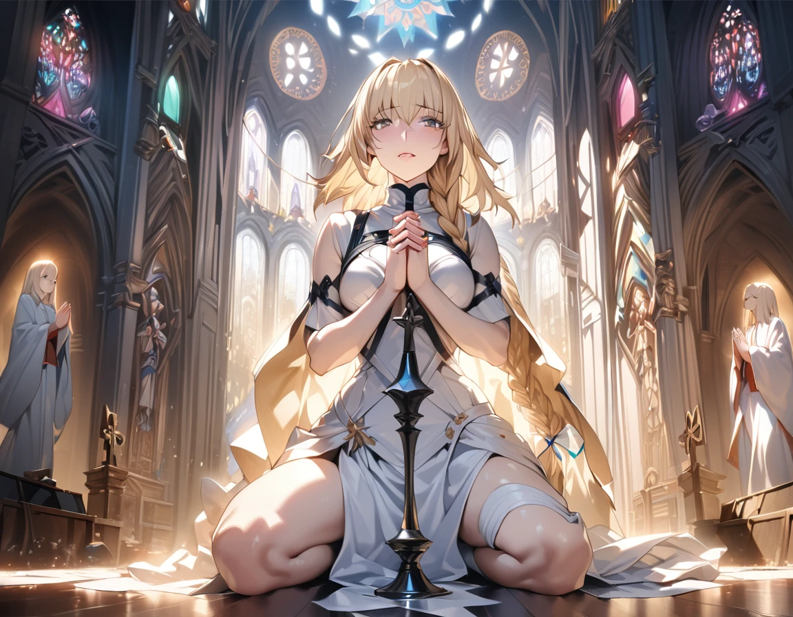 masterpiece肖像, Extreme details, (character focus:1.4), Very detailed, 8K 辛烷, HDR, Super detailed, best quality, best quality, Realistic lighting, Ultra Detailed,(8K, best quality, masterpiece:1.2),\(Eye details\),\(Facial features details\),(\(Clothes details details\)\),(1 girl:1.3),独奏,full body,silicon dioxide,Joan of Arc(/fate grand order/),blond hair,single braid,((praying to god)),{{Holy church}}