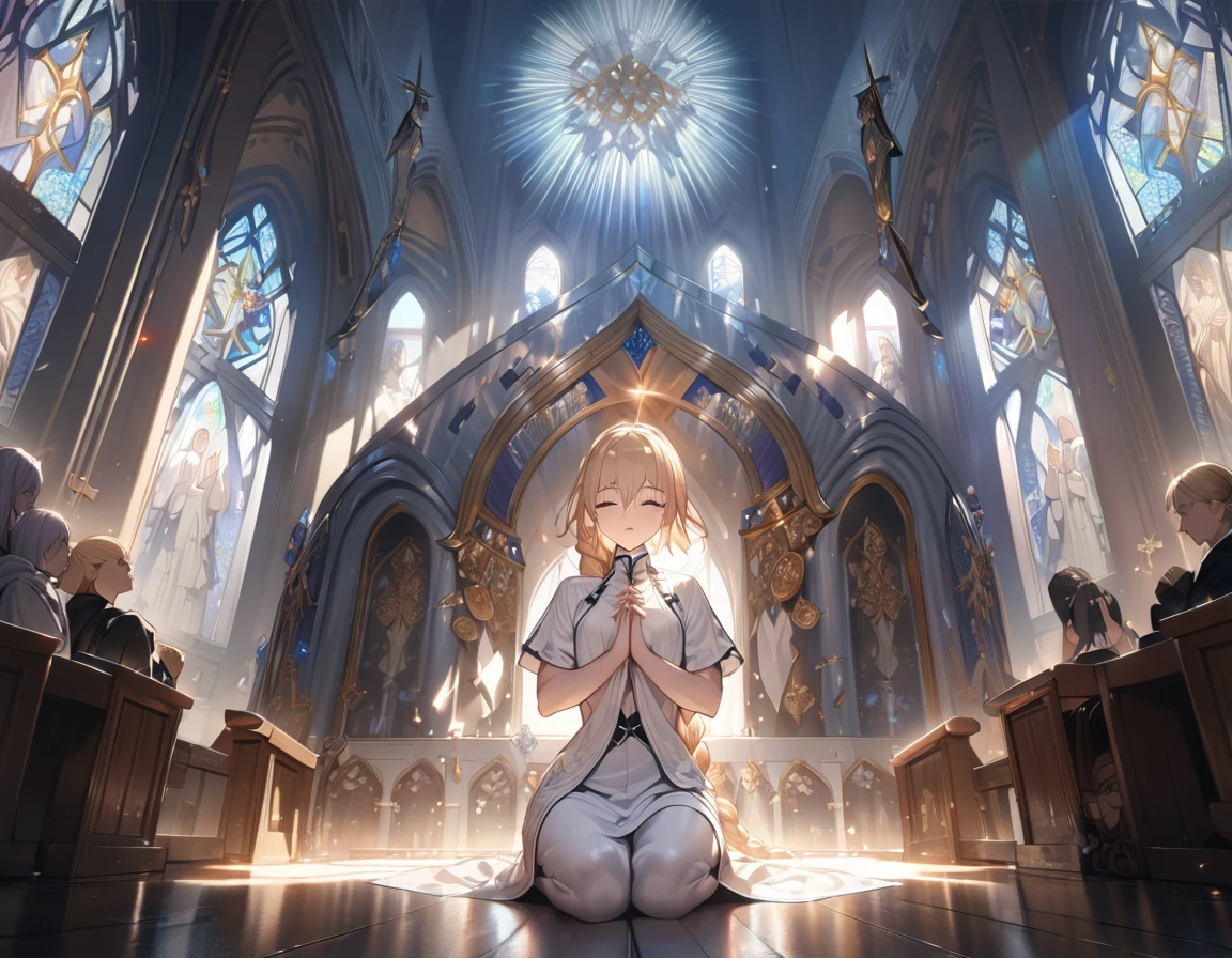 masterpiece肖像, Extreme details, (character focus:1.4), Very detailed, 8K 辛烷, HDR, Super detailed, best quality, best quality, Realistic lighting, Ultra Detailed,(8K, best quality, masterpiece:1.2),\(Eye details\),\(Facial features details\),(\(Clothes details details\)\),(1 girl:1.3),独奏,full body,silicon dioxide,Joan of Arc(/fate grand order/),blond hair,single braid,((praying to god)),{{Holy church}}