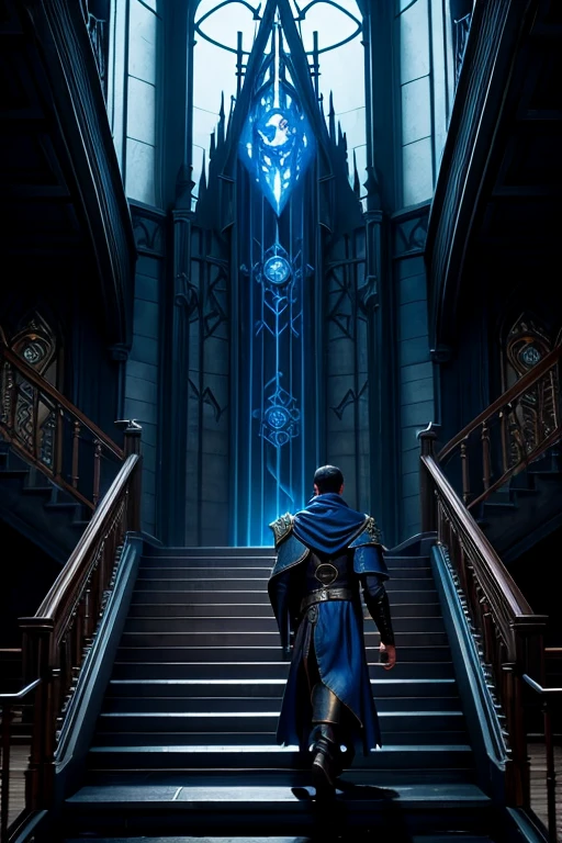 there is a young man in a blue cloak and cape walking down some stairs, concept art by Pablo Munoz Gomez, Artstation contest winner, fantasy art, magic the gathering concept art, best on wlop, steel inquisitor from mistborn, magic : the gathering art, mtg art, magic the gathering art, guillem h. pongiluppi