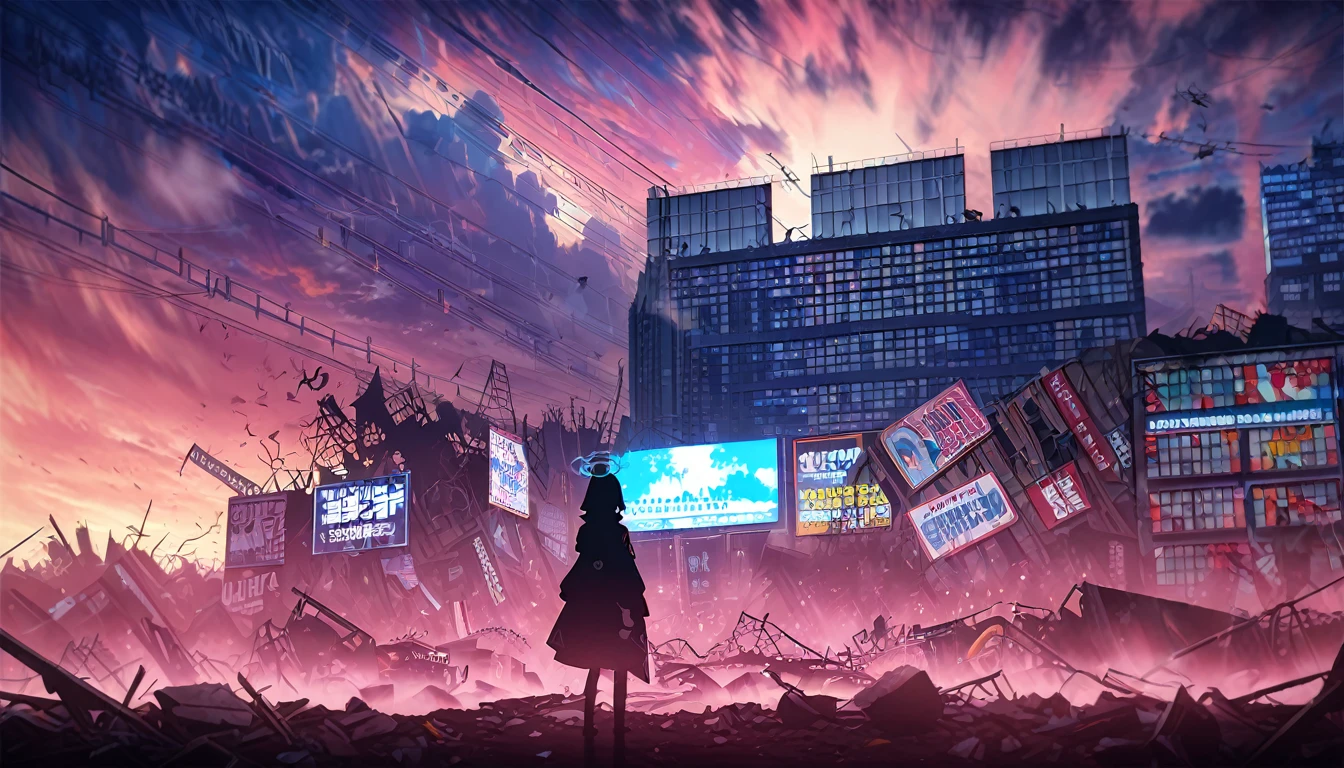 1girl, blue archive, cityscape, apocalyptic, red_sky, debris, billboards, japanese_text, anime_style, dramatic_lighting, urban, chaos, vibrant_colors, night, neon_signs, destruction, wide_shot, cloud_fragments, floating_debris, ominous_atmosphere, digital_art, official art, ((very aesthetic, best quality, ultra detailed)), vector art