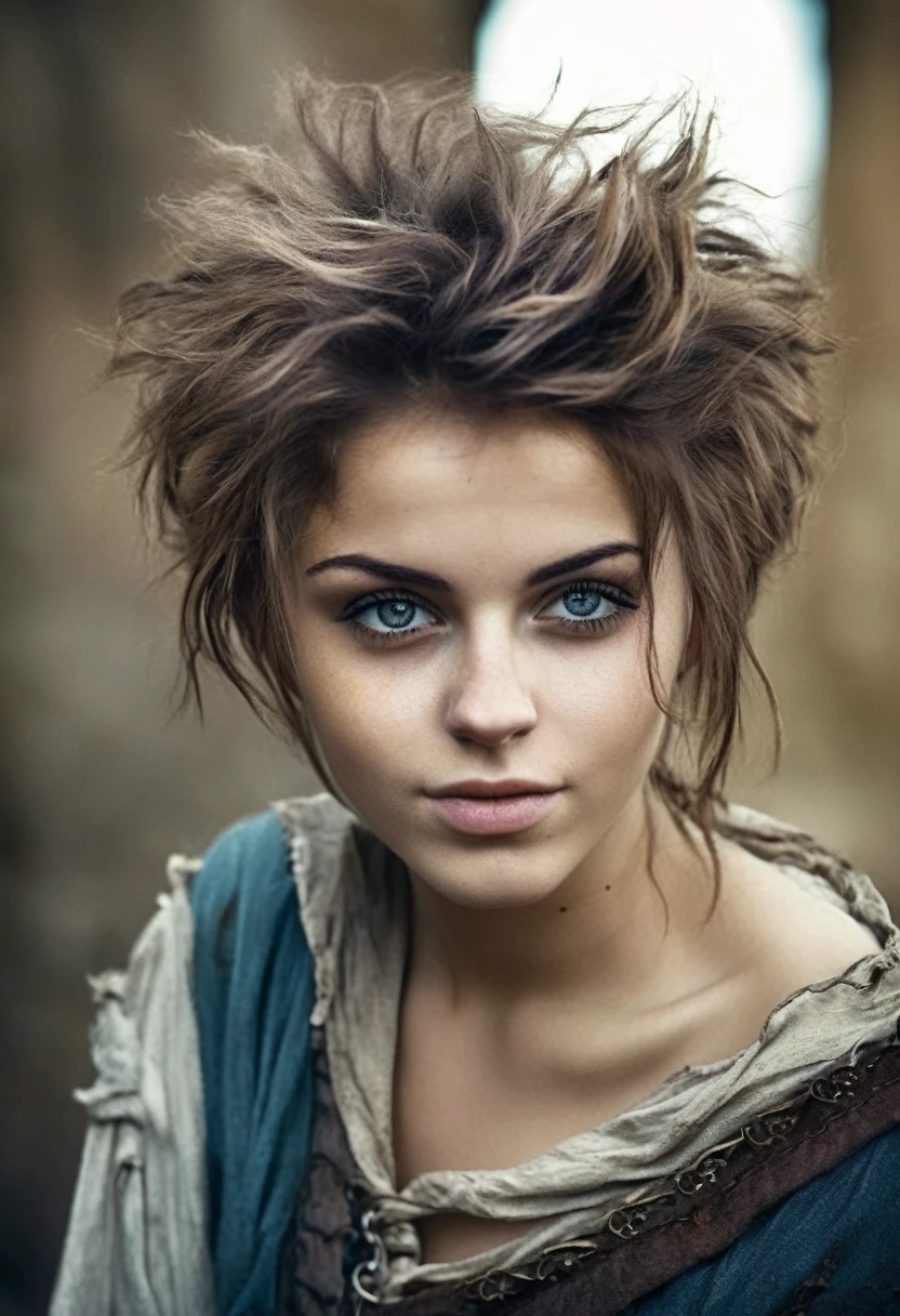 photorealistic, cute woman with messy hair and poor tattered clothes, beautiful sexy, (detailed medieval background), ultra sharp focus, detailed face, (((posing))),  random hair color, short hair, pretty eyes, whole body, High quality analog color photography.,  depth of field, film grain 
