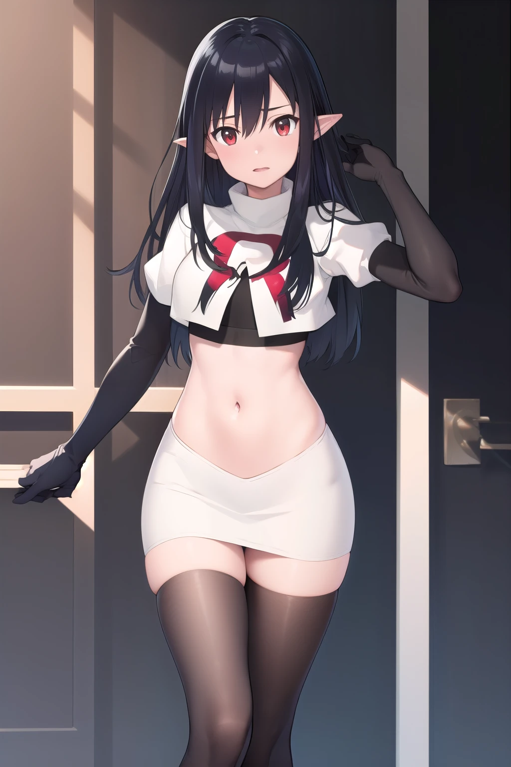 ((masterpiece)),(best quality),official art,extremely detailed CG,unity 8k wallpaper,ultra detailed,1girl,solo,black_hair,pointy_ears,long_hair,red_eyes,looking_at_viewer,bangs,hair_between_eyes,team rocket,team rocket uniform,white skirt,red letter R,crop top,black thigh-highs,black elbow gloves
