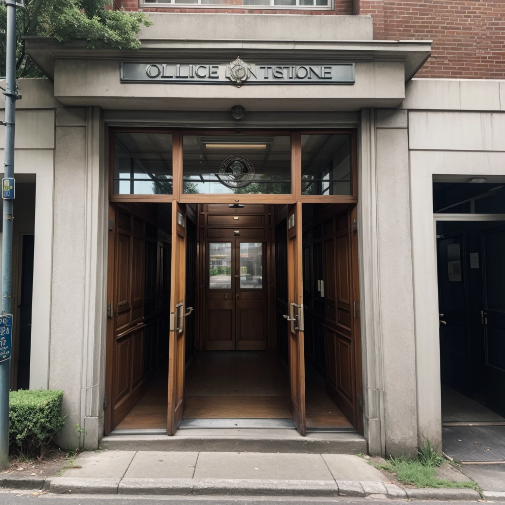 imagine the entrance to an old police station, from the 90s, 2000s