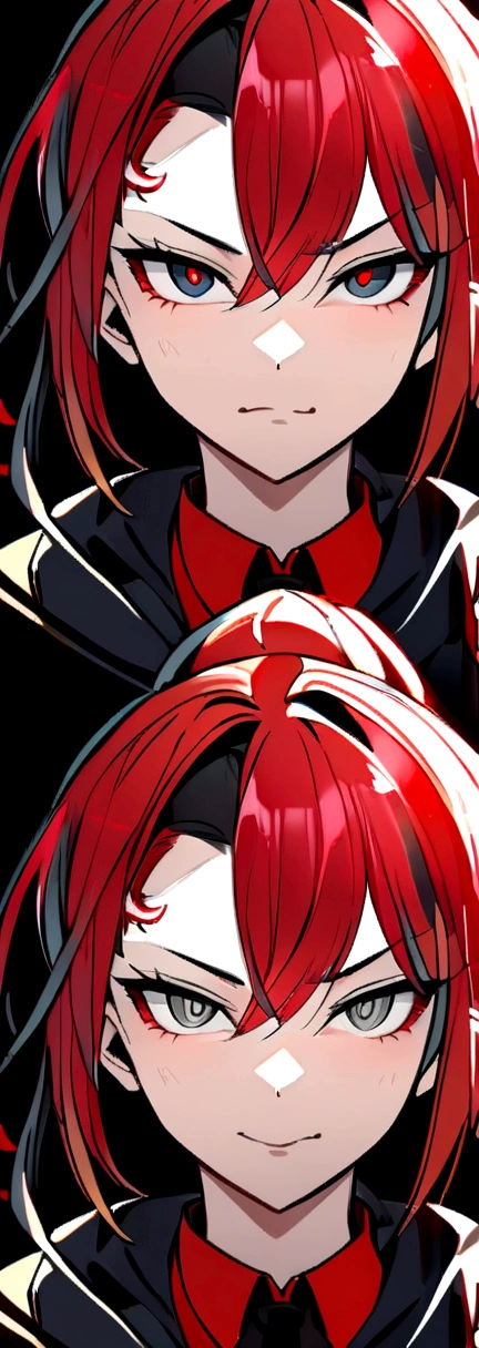 (high-quality, breathtaking),(expressive eyes, perfect face) 1female, female , solo, ager, ponytail short hair length, red hair color, multicolored hair, deep grey eye color, black red background, red shirt, black cloak,trimmed, corrupted theme , age 16, serious expression, smug expression, confident smirk, bust shot, portrait, zoomed out