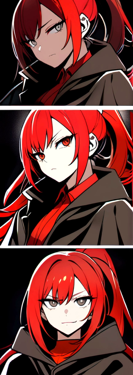 (high-quality, breathtaking),(expressive eyes, perfect face) 1female, female , solo, teenager, ponytail short hair length, red hair color, multicolored hair, deep grey eye color, black red background, red shirt, black cloak,trimmed, corrupted theme , age 16, serious expression, smug expression, confident smirk, bust shot, portrait, zoomed out
