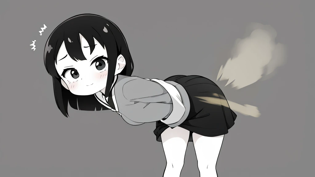 cute girl, farting, black and white, leaning forward, standing, leaning towards camera, front view