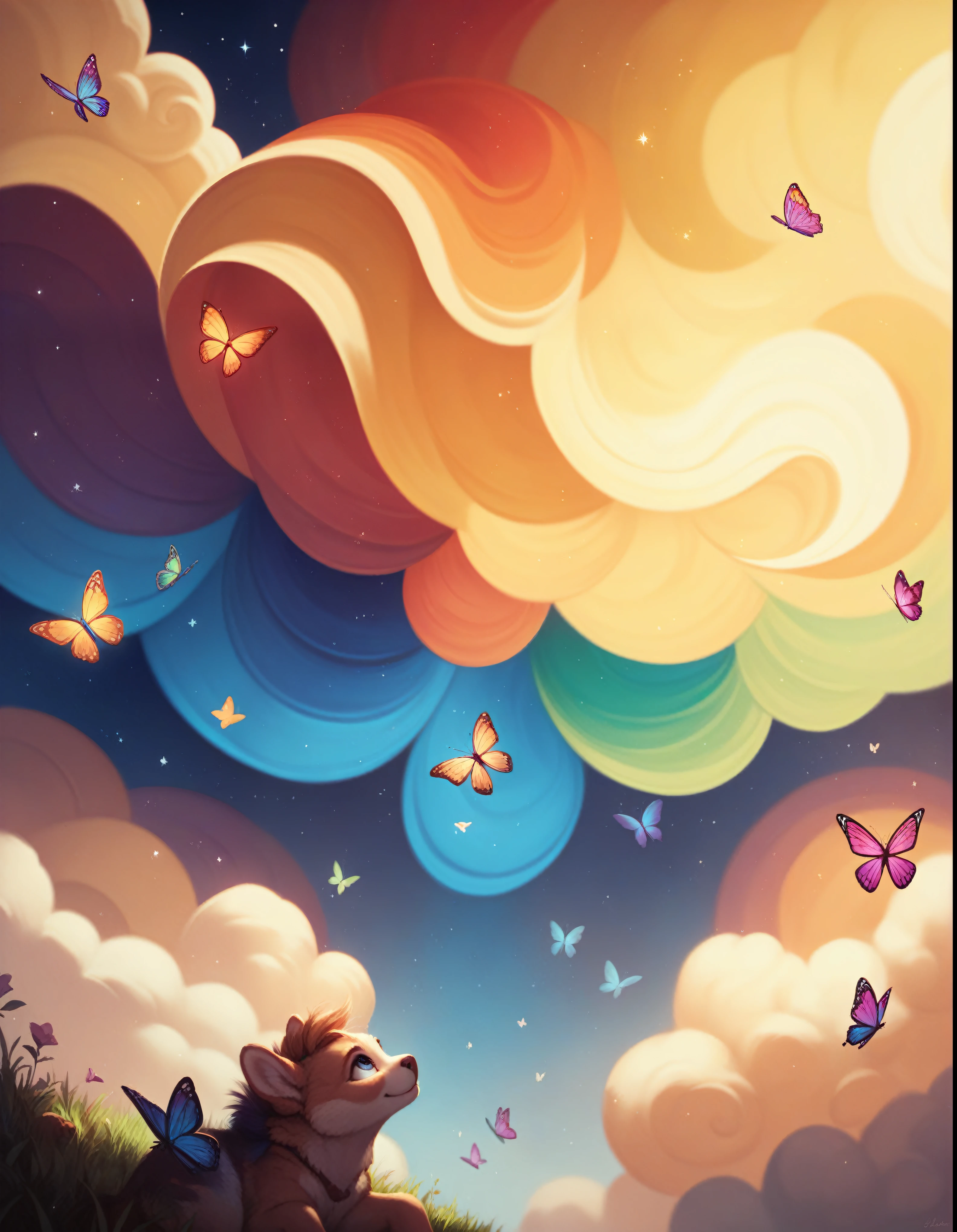 ((best quality)), ((masterpiece)), (detailed), Drawing a cute rainbow-colored round monster in space, rainbow-colored grass and butterflies flying on the water, looking up at the starry sky. Surrounding her with colorful nebulas and colorful forests. --auto --s2