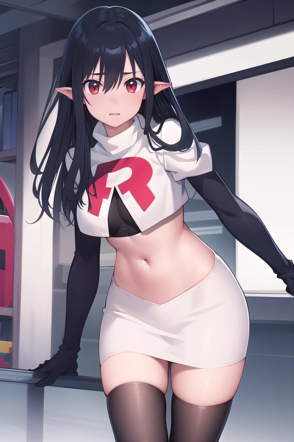 ((masterpiece)),(best quality),official art,extremely detailed CG,unity 8k wallpaper,ultra detailed,1girl,solo,black_hair,pointy_ears,long_hair,red_eyes,looking_at_viewer,bangs,hair_between_eyes,team rocket,team rocket uniform,white skirt,red letter R,crop top,black thigh-highs,black elbow gloves