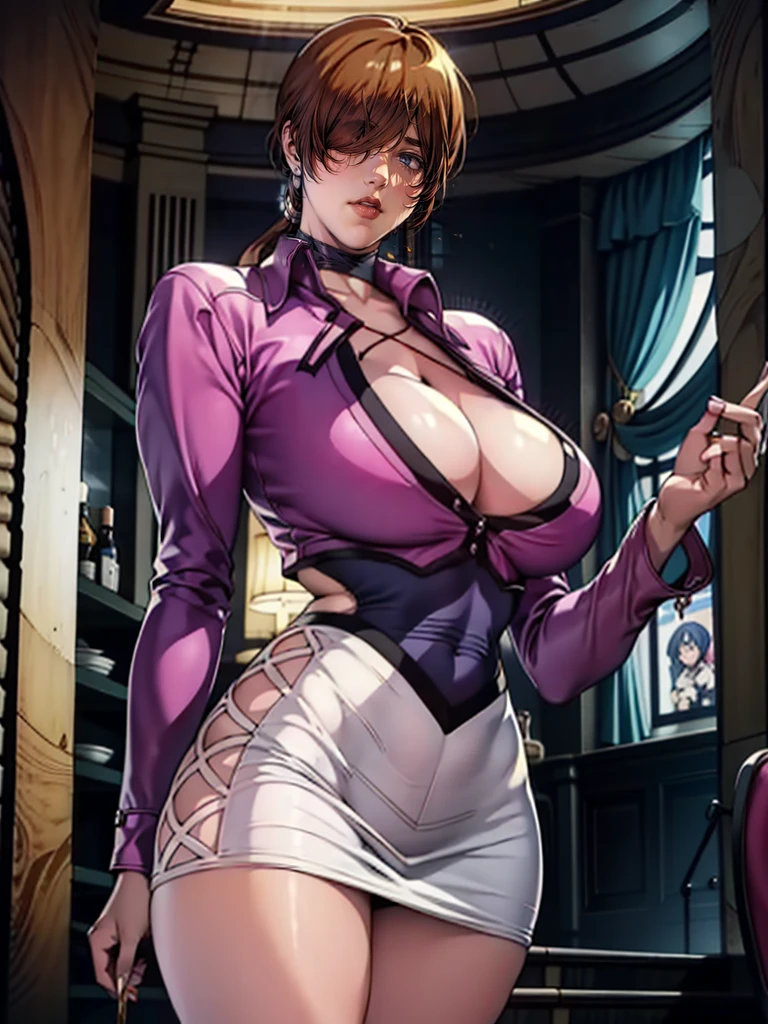 1girl, shermie (kof),shermie \(the king of fighters\),shermie \(kof\), shermie, shermie_(kof)_(cosplay), earrings, brown hair,hair over eyes, long hair, long sleeves, thighs, knee boots, cleavage, cleavage cutout, clothing cutout, large breasts, solo, very long hair bangs, bangs over eyes, anime, retro anime, old anime style, [retro anime], old anime, 1980s \(style\), 1990s \(style\), watercolor \(medium\), ((best quality)), ((masterpiece)), [detailed], [anime and manga image], [captivating], [enchanting], oldschool, solo, (hyperdetailed:1.15), [detailed], ((best quality)), ((masterpiece)), (soft light, sharp:1.2), (illustration, uhd, unreal engine, sharp focus,), op quality, best quality, official art, ultra detailed texture,