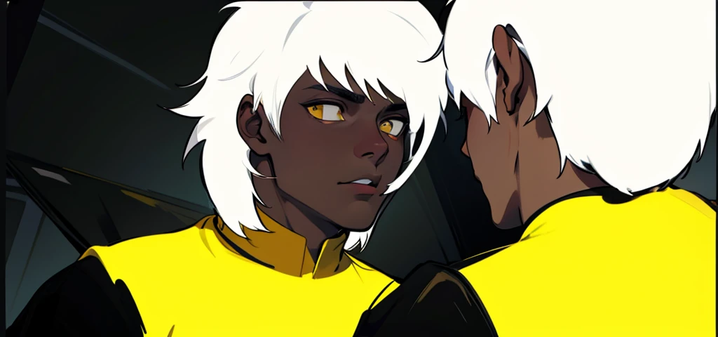 There are two 26-year-old men with white hair, black and yellow clothes, talking closely about something important, they look into each other's eyes, they are talking.
