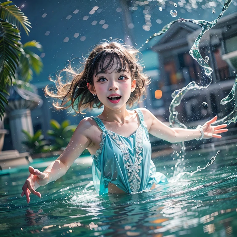 (8K TopQuality masterpiece: 1.2)(Realistic ProfessionalPhoto:1.37), VolumetricLighting. Tiny Girls, girl jumping into the water、Falling、splash water、shout、Luminous water surface、White and Bright colors, back lighting, Radiant PearlSkin, sparkling highlights, Detailed KAWAII face with cute lips, long eyelashes, Delicate clothes, Detailed open crotch