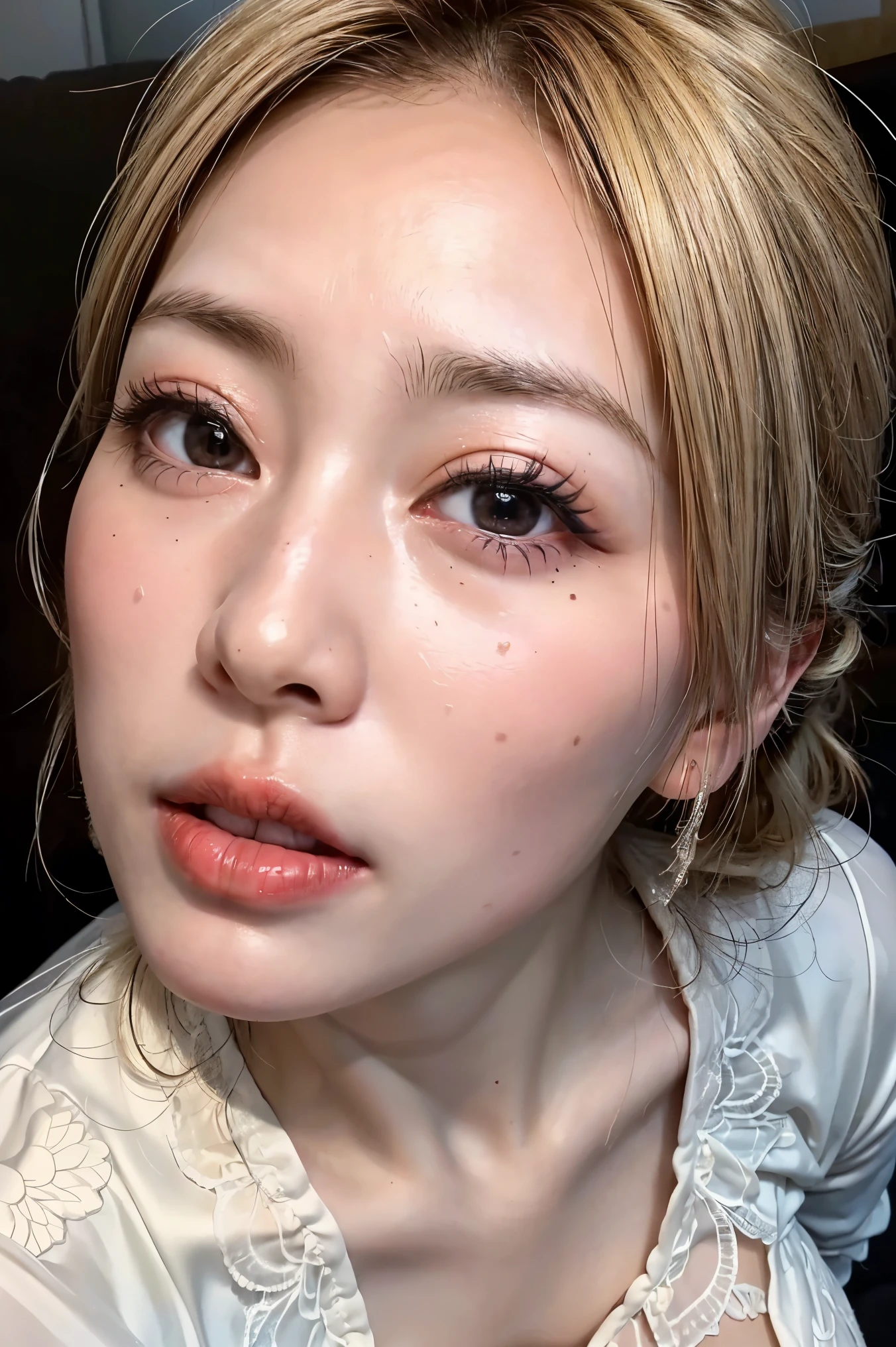 (Realistic:1.3、Ultra HD、Ultra-high resolution、8K、Japanese Housewife、寝室でBlowjobチオをするMature Woman:1.5、At the bed)、((Look Viewer:1.8))、(Extremely realistic skin texture:1.4)、(Realistic:1.3)、short hair、((Embarrassed expression:1.5))、(blonde:1.5)、48-year-old woman、Mature Woman、Ponytail Hairstyles、(Brown eyes:1.3)、(Face close-up:1.22)、(Sweaty:1.2)、(Nipplesを見せる)、((衣服から突き出たNipples,))、dress、美しいNipples、Nipples、(Shooting from the side:1.1)、Drooling、((Blowjobチオ:1.6、Blowjob、Cum in mouth、Bukkake))