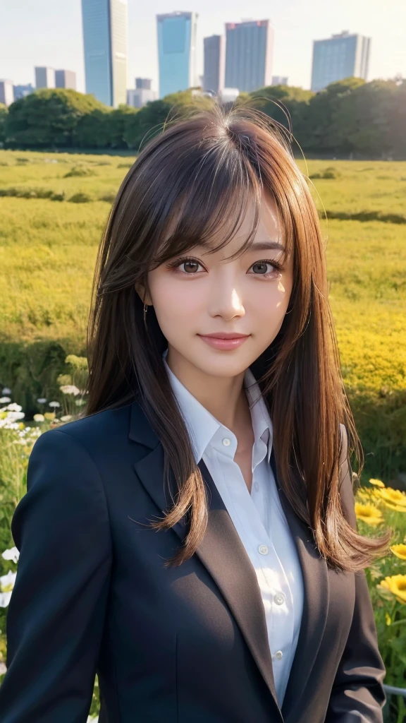highest quality、genuine、Super detailed、finely、High resolution、8k wallpaper、one beautiful woman、、、light brown disheveled hair、wearing a business suit、sharp focus、perfect dynamic composition、beautiful and detailed eyes、thin hair、Detailed genuine skin texture、smile、model body shape、In Tokyo at morning、In a windswept meadow