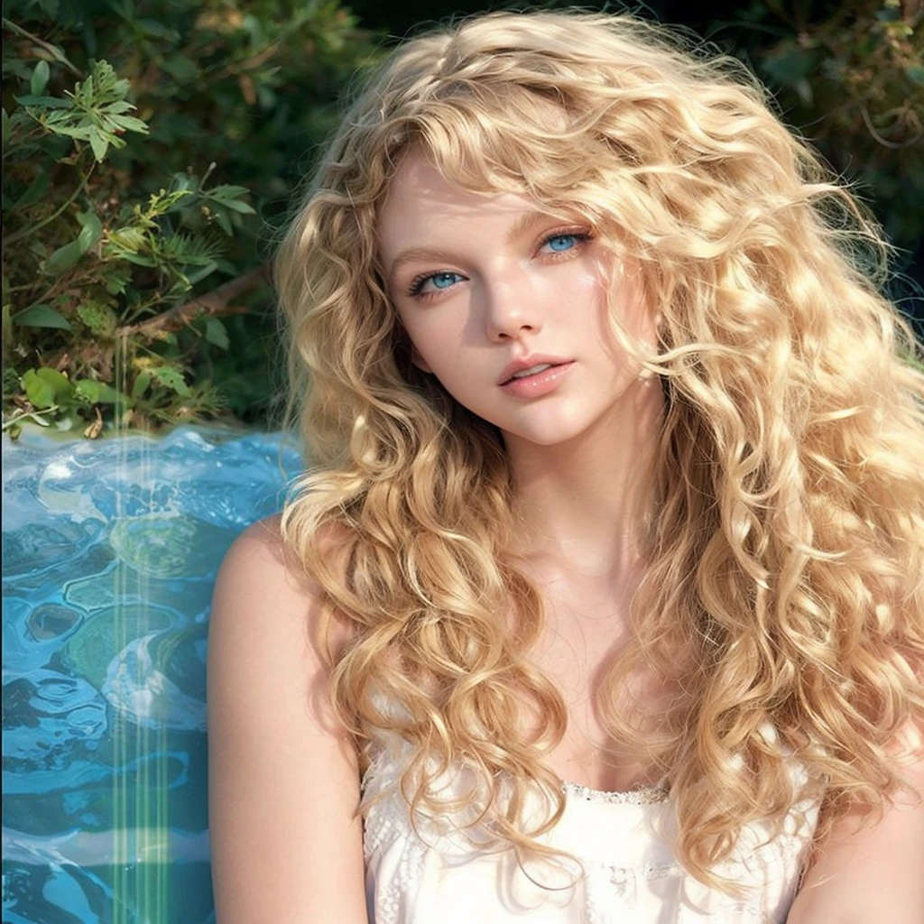 Take the cover of Taylor Swift's album, "Taylor Swift (Taylor's Version), green and blue background blurred with sea and grass,  with curly blond hair, looking at the camera, blue eyes, white dress.