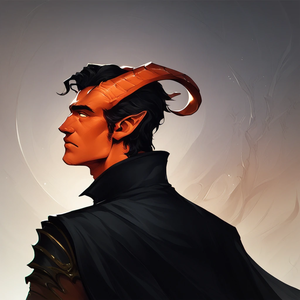 (((beautiful, high quality))), portrait, score_9, score_8_up, score_7_up, Tiefling, pointed ears, horns, 1boy, orange skin, black hair, black cape, fantasy background, (((comely, high qualiy))), portraite, armors, Fantasy Background