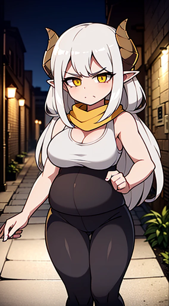 1girl,long hair, white hair,curly hair,yellow eyes,(angry face), medium ,show belly,cleavage,horns,elf ears,((yellow scarf)),(((walking in an alley of a city at night,night))),cowboy shot,from front,(black tank top,black pencil skirt,black leather pants), (pregnant)