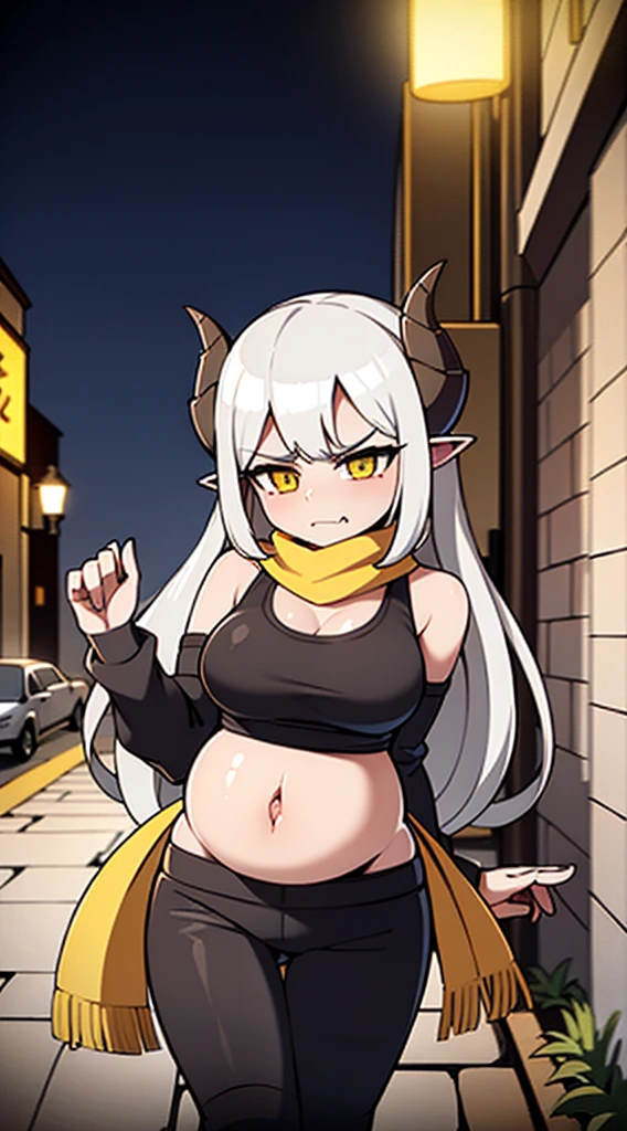 1girl,long hair, white hair,curly hair,yellow eyes,(angry face), medium ,show belly,cleavage,horns,elf ears,((yellow scarf)),(((walking in an alley of a city at night,night))),cowboy shot,from front,(black tank top,black pencil skirt,black leather pants), (pregnant)
