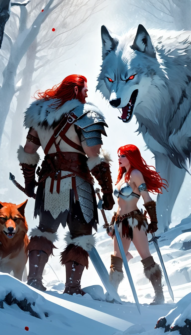 A fierce redhead warrior, Red Sonja, with her companion a huge giant wolf in a snowy landscape, blood stains on the pristine white snow (best quality, 4k, 8k, high resolution, masterpiece: 1.2), ultra detailed,,vivid colors,bokeh,portraits,concept art,dramatic lighting,cold tones,snow, ice, winter, art inspired by Bill Sienkiewicz
