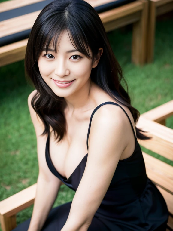 Woman in a black dress sitting on a bench,Portrait Photography, ,Age 34, iful south japanese women, ゴージャスなJapanese Model, Beautiful Asian Girl, gorgeous young japanese women, Japanese Model, Cute seductive smile, Korean Girls, Lovely lady, Korean women, Beautiful Asian Woman, With a captivating smile, beautiful young , Friendly and seductive smile, Very attractive and beautiful