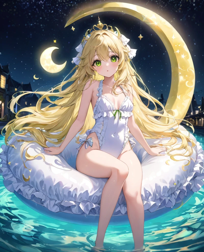 (masterpiece, best quality:1.2), (absurdres, highres, ultra-detailed), (perfect anatomy),
Beautiful woman、Night Pool、Riding on a cute float、Blonde、Fluffy longhair、Yellow-green eyes、Background glitter、night、Crescent Moon、heart、White frilly swimsuit
(8K, RAW photo:1.2),detailed face and eyes,intricate detail ,masterpiece ,sharp focus, high quality,BREAK,rating: general, newest