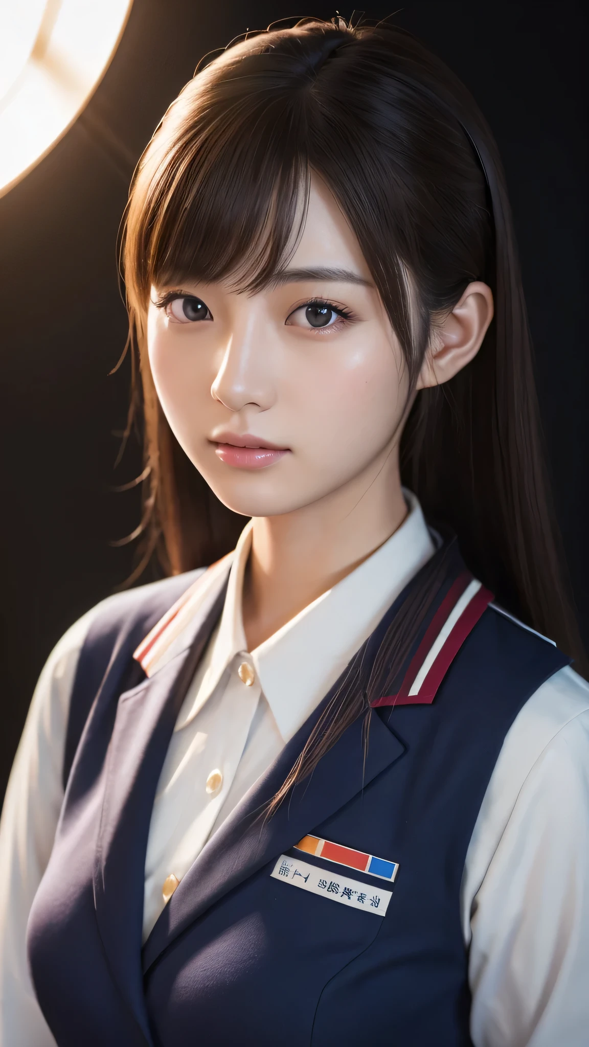 A beautiful young Japanese woman, around 20 years old, wearing a stewardess uniform, ultra-detailed, 8K resolution, highly realistic, cinematic lighting, best quality, masterpiece, photorealistic, physically-based rendering, extremely detailed, vivid colors, professional, sharp focus, studio lighting