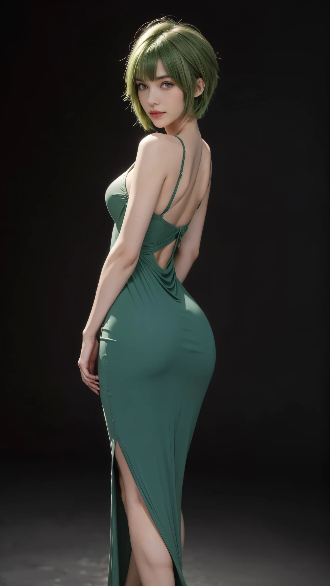 8K, Top Quality, Intricate Details, Ultra Detail, Ultra High Resolution, Masterpiece, close up shot, shot from behind, (Looking back), (full body: 1.1), Slender, Smile, (Makeup: 0.4), ,(( purple eyes, green hair, bangs, very short hair, random short hairstyle)), (Fluffy Eyes: 1.21), (()), 1girl, solo, 1 girl, (()), close up shot, , ((tall)), (((fit body))), (((slim face))), sharp face, ((walking pose)) ,(detailed face), sharp face, small lips, , ,(( up, buteek,)) ,, ,
((,)), , ((maxi dress )), detailed face, detailed breast, breast, huge , detailed astail nipples ,, Now Waist, Skill , 190 cm tall, Muscular, Navel, Exposed Abdomen, Pointed Chest,, Beautiful girl with accentuated slender abs: 1.4, Six Pack Abs: 1.4, , Perfect Body, detail legs, (( dark background)), black background,
