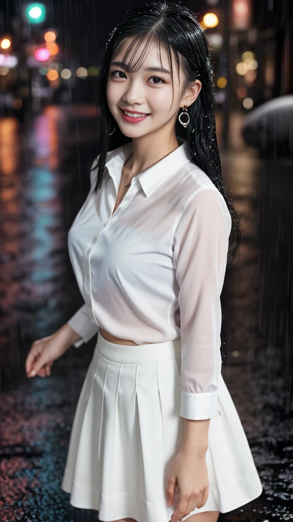 (A soaking wet girl:1.3)、(heavy rain, in down town:1.3) , midnight, neon lighting , front view, looking at viewer, Japanese Young girl, 23 years old, (Highly detailed face, Ordinary eyes, Long eyelashes, Tapered eyebrows, Black hair, fringe, Variegated eyes, Fuller lips, little Lips, smile ), (earring, neck-less, lady's watch ),(C cup breasts, slender whist, Middle Hip, Little public hair, corrected-pussy) , (White blouse, Red long skirt:1.3), black Hi-heals ,standing pose, ,Shiny skin, Shiny skin, Blushing, Nice views, masterpiece, Highest quality, masterpiece, God-like quality, Godly art, Very realistic, 4 fingers and 1 thumb, pink fingers nail