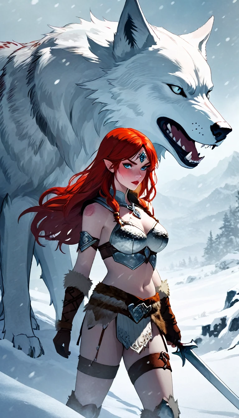 A fierce redhead warrior, Red Sonja, with her companion a huge giant wolf in a snowy landscape, blood stains on the pristine white snow (best quality, 4k, 8k, high resolution, masterpiece: 1.2), ultra detailed,,vivid colors,bokeh,portraits,concept art,dramatic lighting,cold tones,snow, ice, winter, art inspired by Bill Sienkiewicz