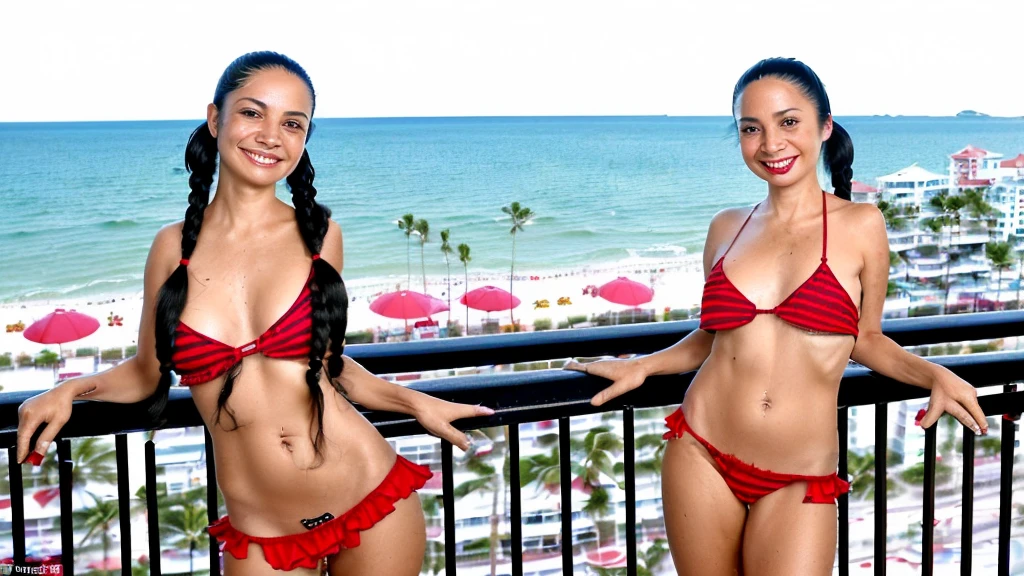 1girl,(high detail face), gorgeous latina mom sexpot (30 years old),dimples (long black hair in pigtails) (is standing topless showing tits on balcony overlooking beach-boardwalk) (holding onto rail of balcony), topless with red with black trim frilly string panties (tiny-tits, huge areolas, thick dark nipples), high detail, flirty smile
