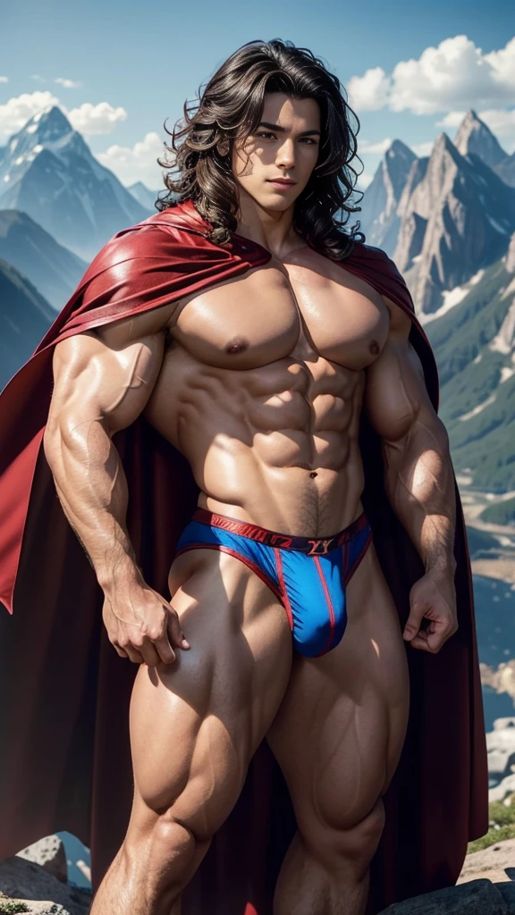 (muscular cute beautiful young boy Arion), huge strong biceps volume, huge exposed chest muscles volume, strong muscular legs, exposed abs skin, tight superhero underwear and cape, huge cock bulge, mountains background, wavy hair, side view, oiled up reflective skin, sexy body
