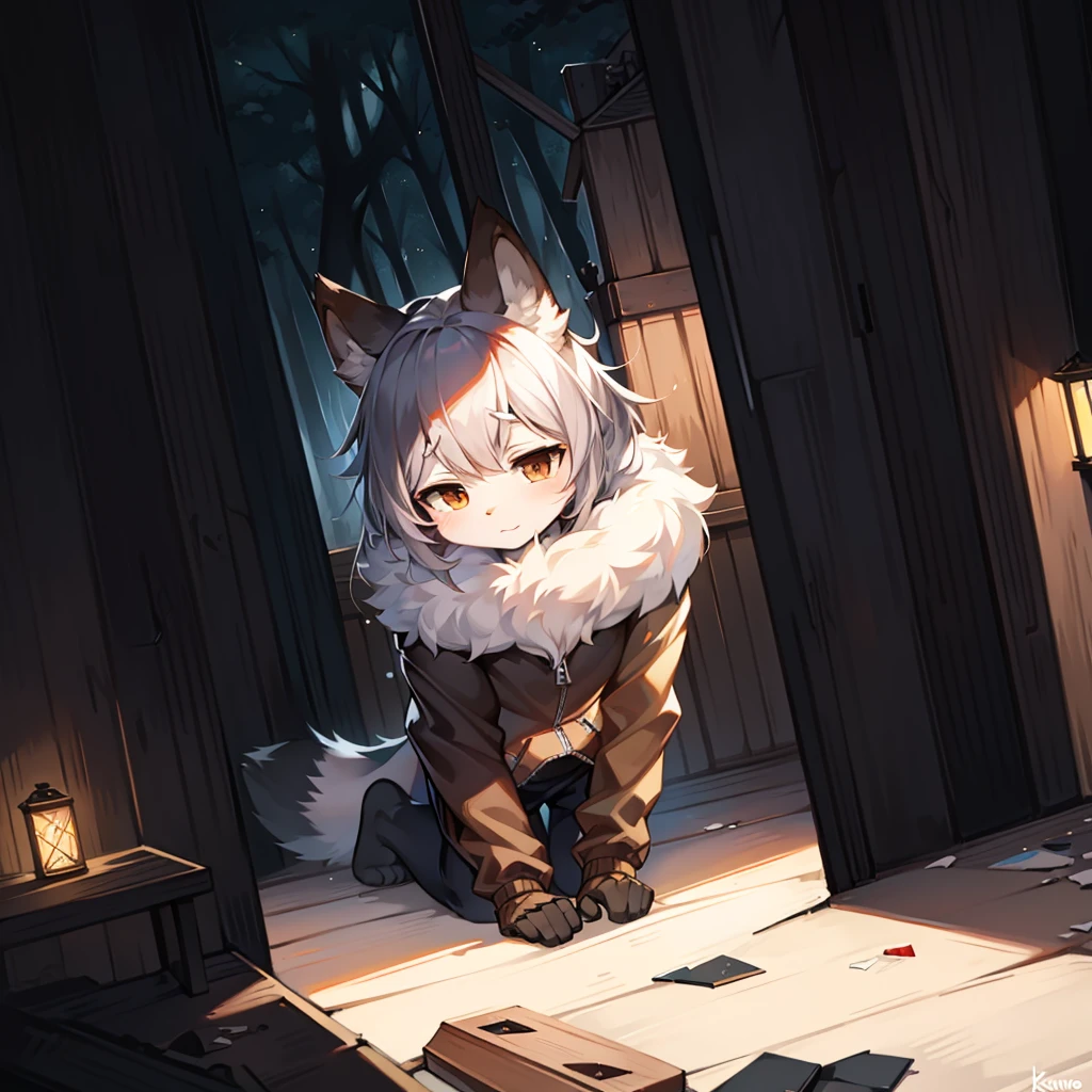Full body female love,teen wolf,number,masterpiece,Grey down jacket,hairy tail,Highest image quality,8k,Full HD backgrounds,cartoon style,charming,Komono、Pantale,stuffed toys,hairy,grey fur,white body,white ears,brown eyes,the only person, raccoon tail, raccoon ears, ((broken into pieces)),soft lines,soft lines of clothing,night,risk love,forest