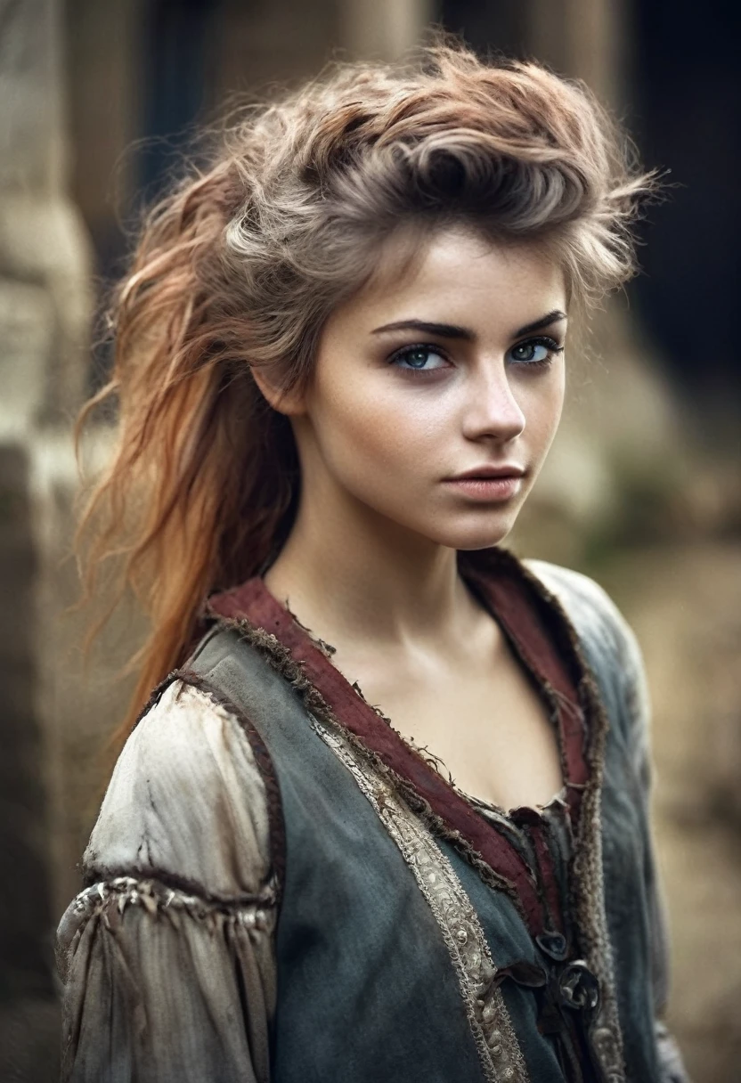 photorealistic, cute woman with messy hair and poor tattered clothes, beautiful sexy, (detailed medieval background), ultra sharp focus, detailed face, (((posing))), random hair color, short hair, pretty eyes, whole body, High quality analog color photography., depth of field, film grain