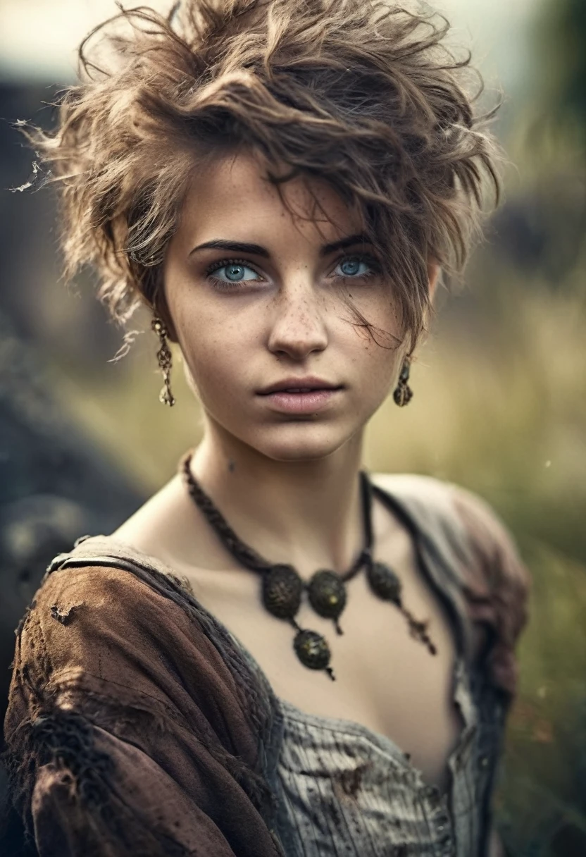 photorealistic, cute woman with messy hair and poor tattered clothes, beautiful sexy, (detailed medieval background), ultra sharp focus, detailed face, (((posing))), random hair color, short hair, pretty eyes, whole body, High quality analog color photography., depth of field, film grain