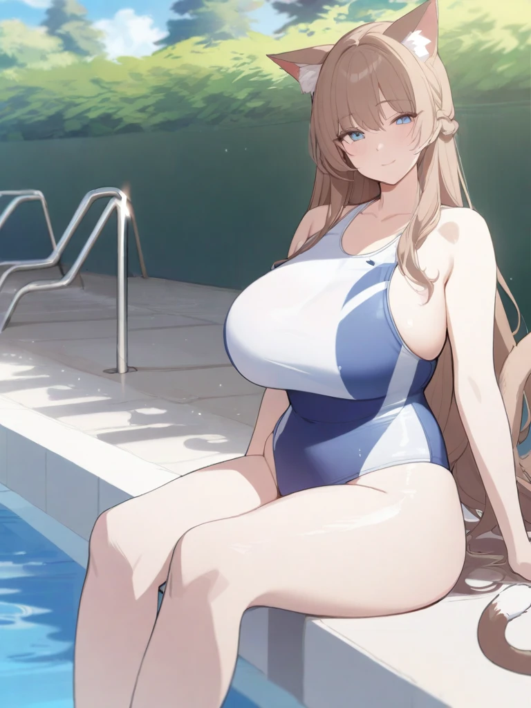 masterpiece, best quality, high quality, beautiful anime character, solo, anime girl with brown hair, soft hair, long hair, blue eyes, cat ears, big breasts, mature female, tall female, big girl, thick, (calming face, light smile, loving eyes), outdoors, (pool swimsuit), cat tail, full body, sitting, 