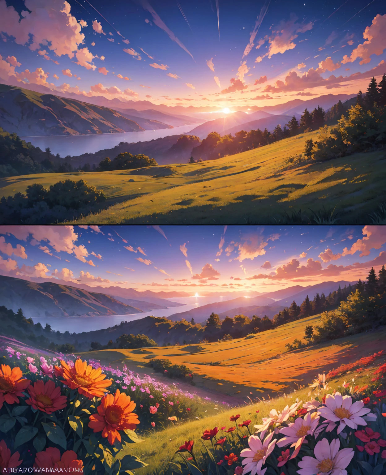 There is a beautiful sunset, the hillside is covered with flowers and plants, the flowers are up close, the colorful sky, the surreal colors, the colorful sunsets, the colorful sky, the marvelous sky reflection, the amazing sky, the fantastic atmosphere 8K, the colorful clouds, the color reflection on the lake, the surreal sky, the red and blue reflection, the fire reflection, the beautiful sky, the beautiful and spectacular dusk, the beautiful dream landscape, the amazing sky