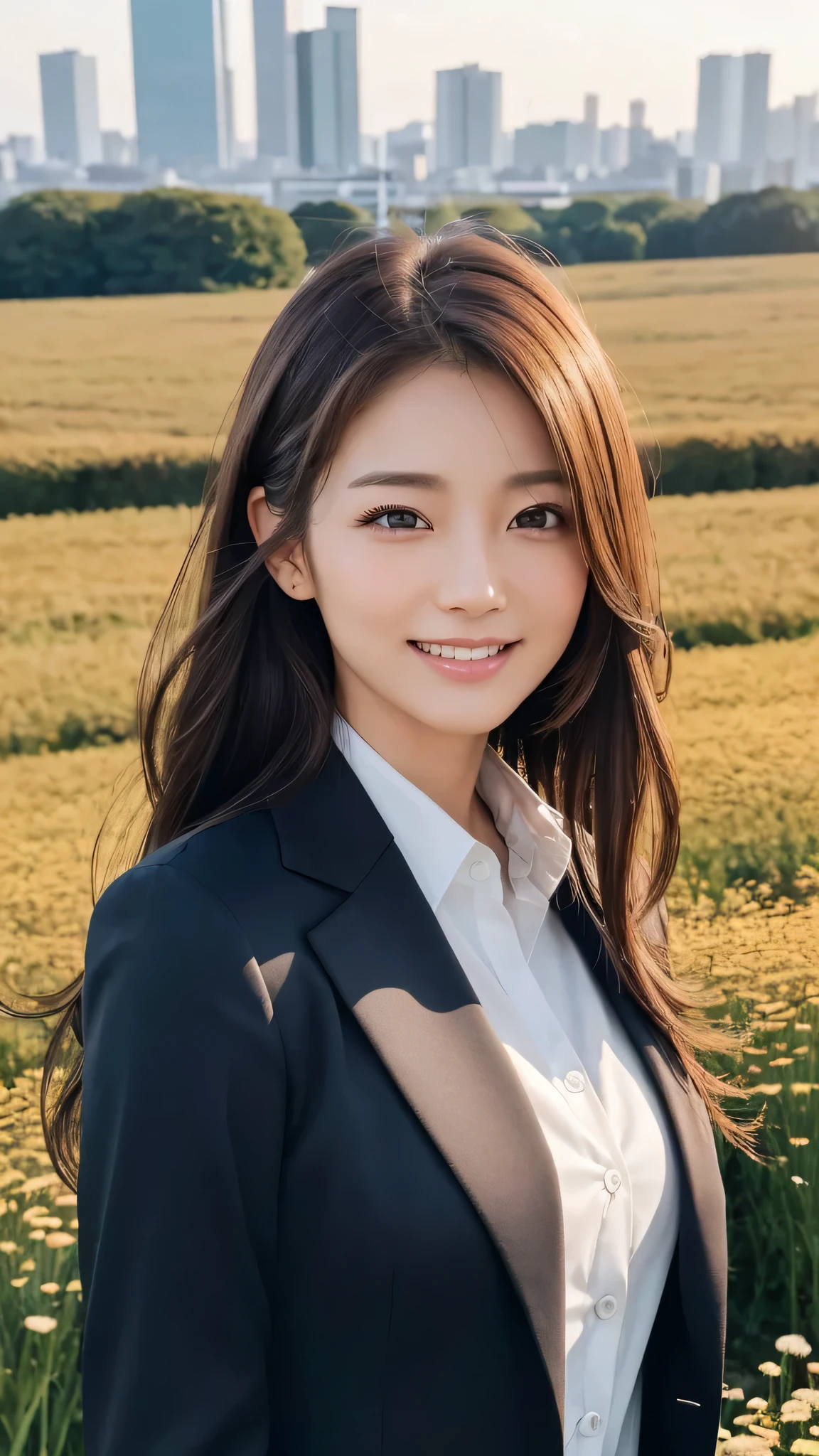 highest quality、genuine、Super detailed、finely、High resolution、8k wallpaper、one beautiful woman、、、light brown disheveled hair、wearing a business suit、sharp focus、perfect dynamic composition、beautiful and detailed eyes、thin hair、Detailed genuine skin texture、smile、model body shape、In Tokyo at morning、In a windswept meadow