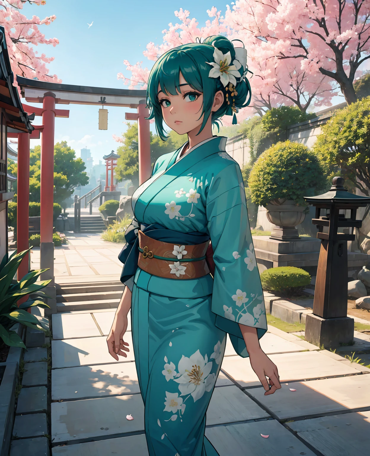 1girl, solo, from above, (white lily flowers), aesthetic, intricate, best quality, detailed background, Sayaka Miki, ((girl wearing a patterned teal kimono:1.2)), (walking in zen garden), casual pose, detailed textures, posing, floral print, hair flower, hair ornament, japanese clothes, kimono, obi, outdoors, pagoda, petals, (teal kimono), sash, shrine, sky, stone stairs, torii, wide sleeves, yukata