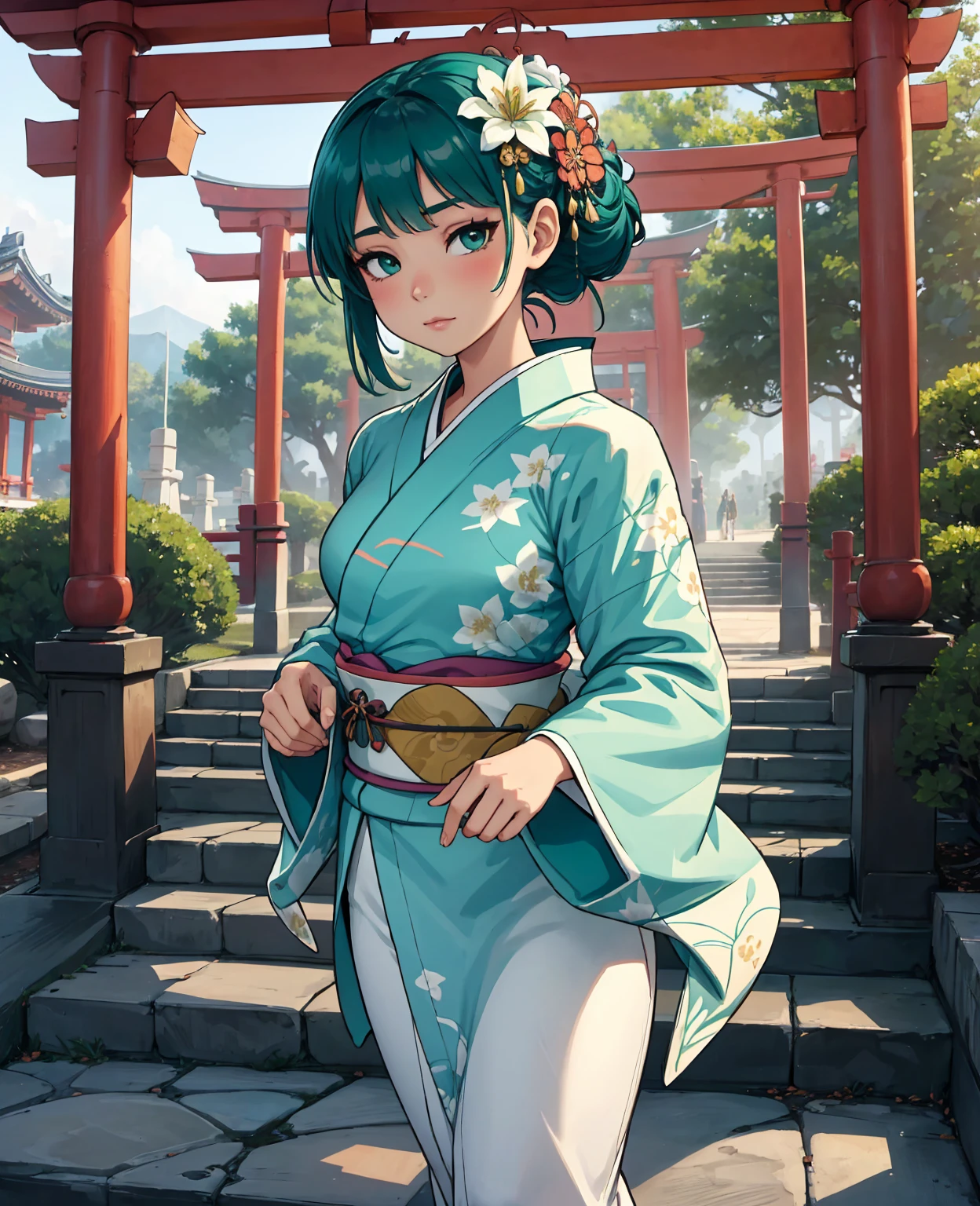 1girl, solo, from above, (white lily flowers), aesthetic, intricate, best quality, detailed background, Sayaka Miki, ((girl wearing a patterned teal kimono:1.2)), (walking in zen garden),  casual pose, detailed textures, posing, floral print, hair flower, hair ornament, japanese clothes, kimono, obi, outdoors, pagoda, petals, (teal kimono), sash, shrine, sky, stone stairs, torii, wide sleeves, yukata 