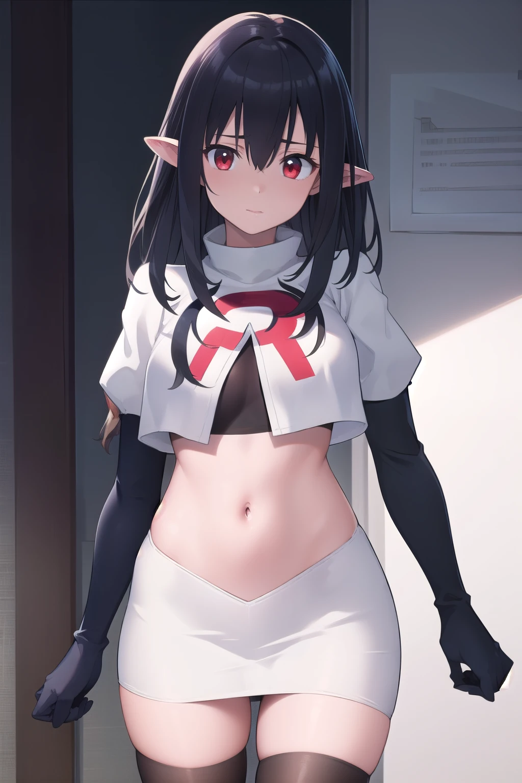 ((masterpiece)),(best quality),official art,extremely detailed CG,unity 8k wallpaper,ultra detailed,1girl,solo,black_hair,pointy_ears,long_hair,red_eyes,looking_at_viewer,bangs,hair_between_eyes,team rocket,team rocket uniform,white skirt,red letter R,crop top,black thigh-highs,black elbow gloves