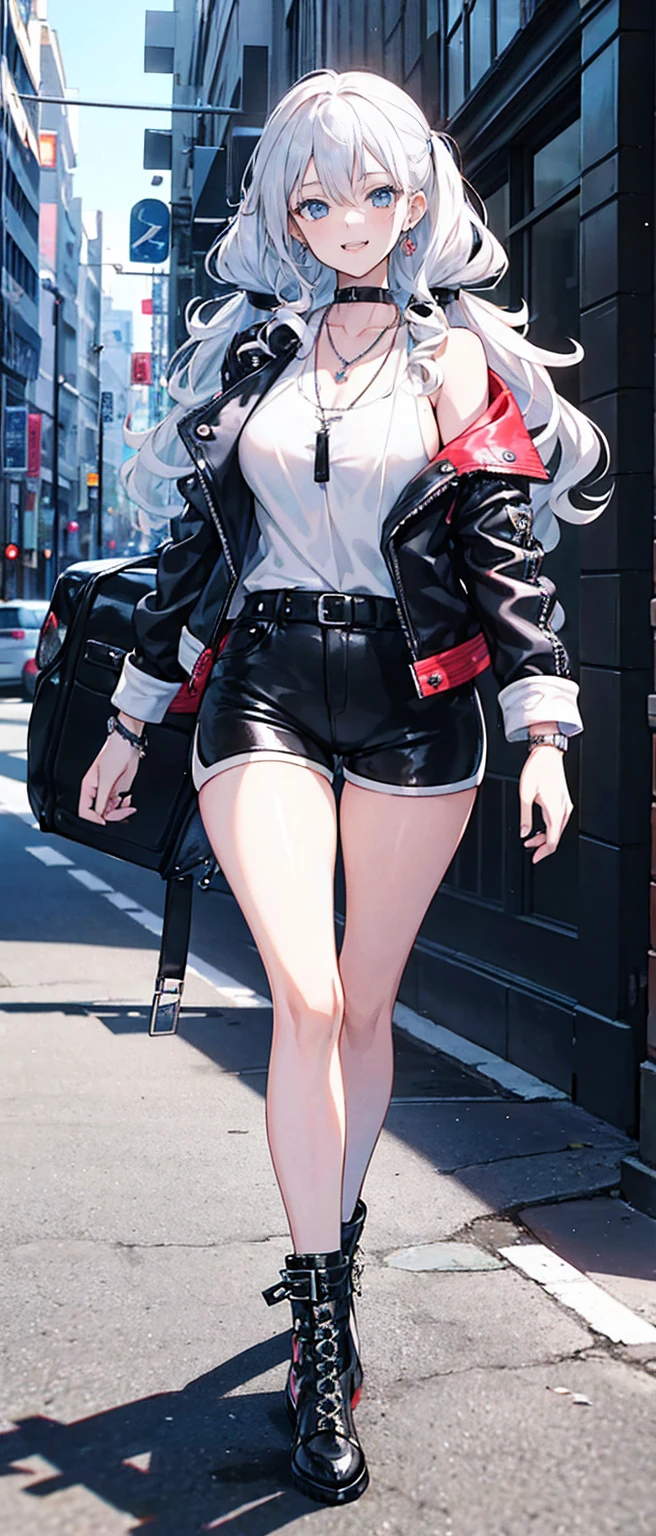 High resolution, high resolution,2D Anime Style,,Cool woman,Gal,tall,20th Generation,White hair long hair,Curly hair twin tails,Light blue eyes,Gal,Beautiful watch,Beautiful earrings,Lots of beautiful necklaces,Punk Fashion,Leather shorts,leather jacket,He is smiling,Has fangs,whole body,Walking around the city,
