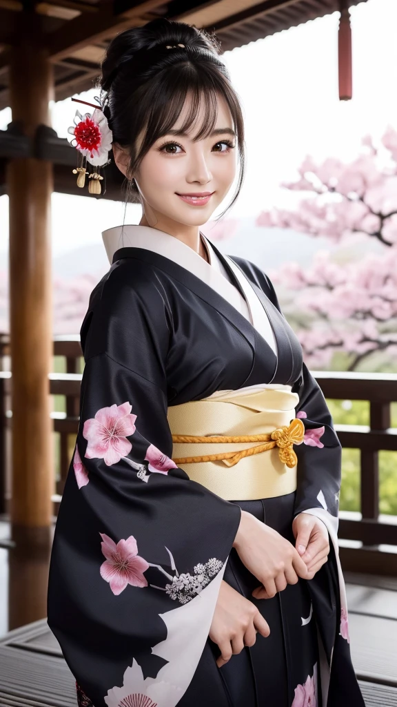 (Super beautiful woman in kimono)、((highest quality、8K masterpiece:1.3))、sharp focus:1.2、(super beautiful face:1.0)、(shiny skin:1.0)、realistic pictures、black hair、video lighting、High resolution eyes and face、video lighting、japanese actress、from the front、with a happy smile、whole body、wearing a kimono、in Kyoto、(luxury obi)、with a fan