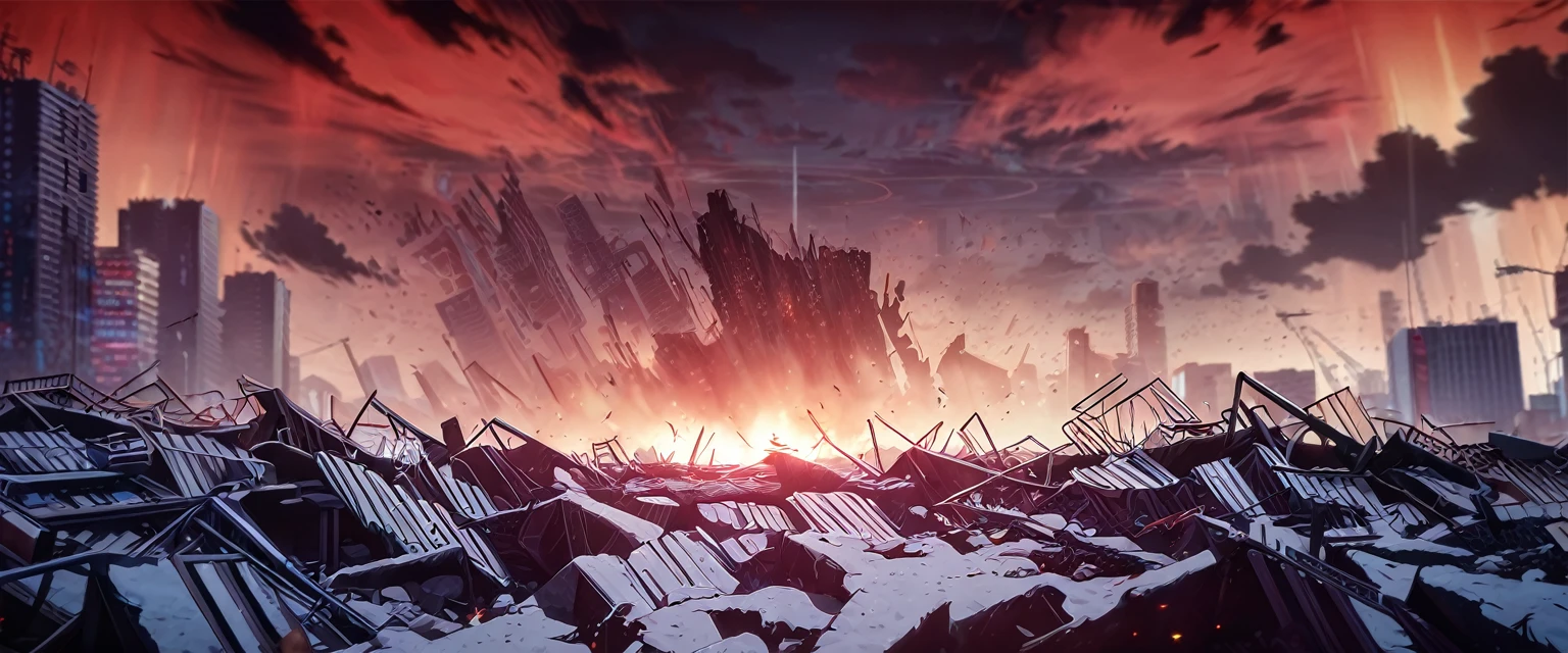1girl, blue archive, cityscape, apocalyptic, red_sky, debris, billboards, dramatic_lighting, urban, chaos, vibrant_colors, night, neon_signs, destruction, wide_shot, cloud_fragments, floating_debris, ominous_atmosphere, digital_art, official art, ((very aesthetic, best quality, ultra detailed)), vector art