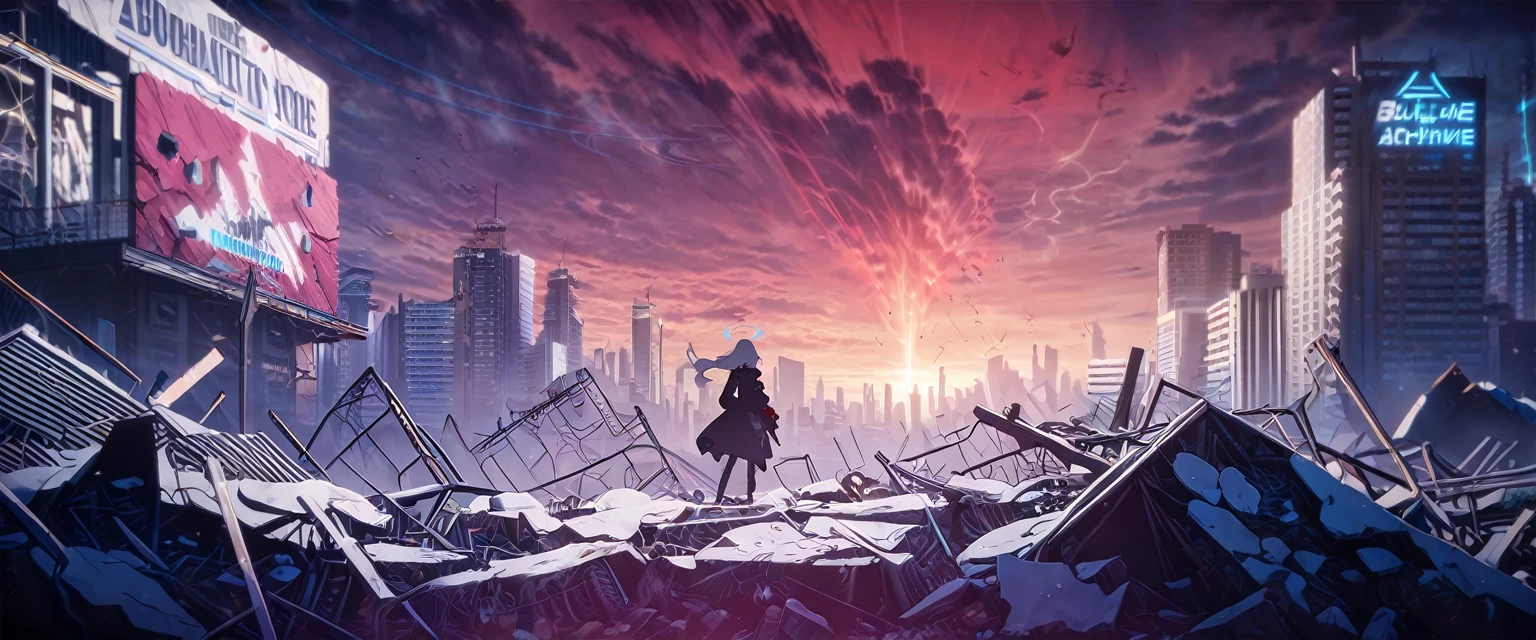 1girl, blue archive, cityscape, apocalyptic, red_sky, debris, billboards, dramatic_lighting, urban, chaos, vibrant_colors, night, neon_signs, destruction, wide_shot, cloud_fragments, floating_debris, ominous_atmosphere, digital_art, official art, ((very aesthetic, best quality, ultra detailed)), vector art