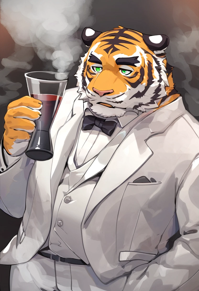 Tiger，personification，Mature male，Bad Uncle，A frivolous drinker，Cold expression，Green pupils，Black eyebrows，White suit suit，Hands in pockets，The Age of Steam，Lively bar。