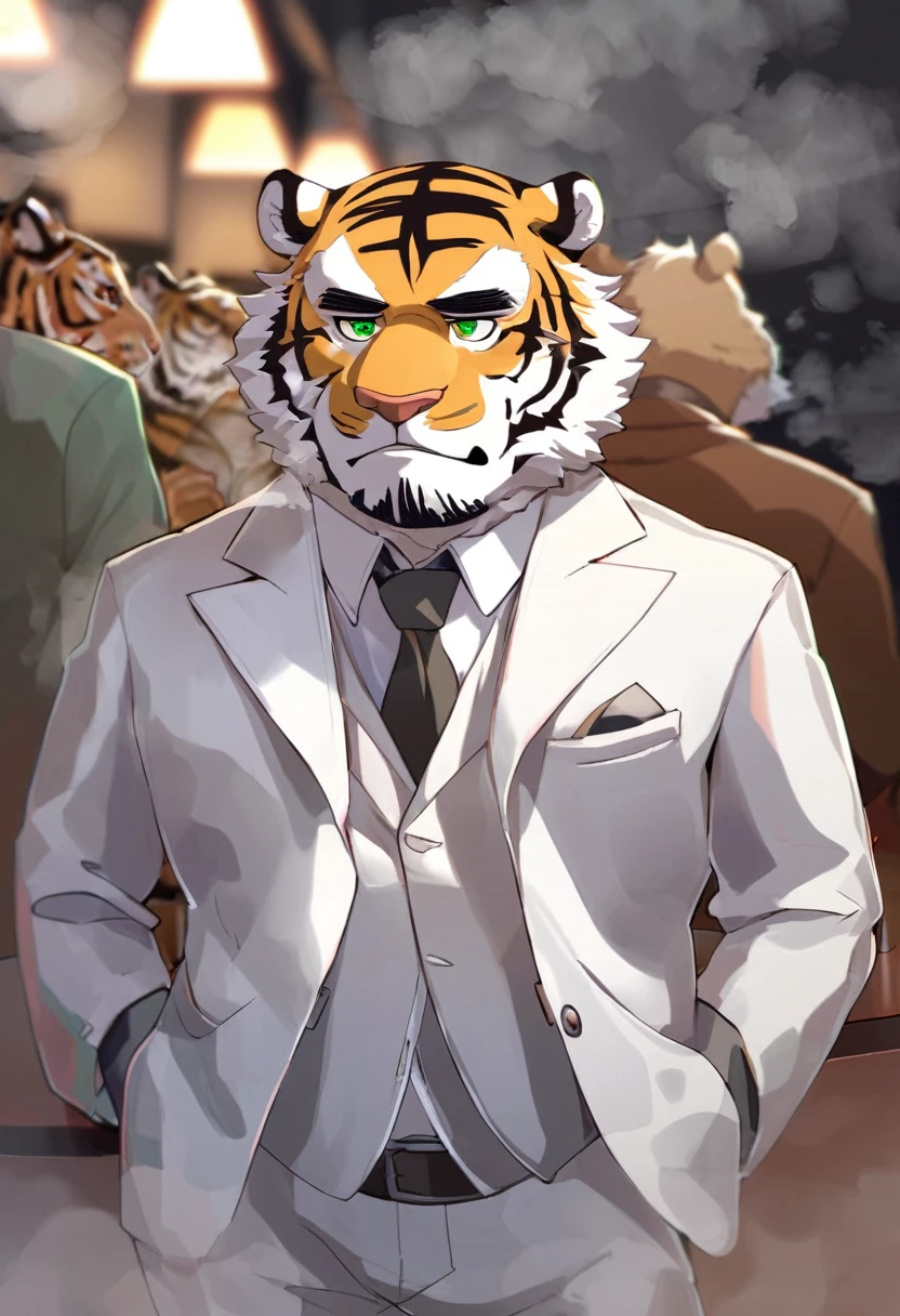 Tiger,personification,Mature male,Bad Uncle,A frivolous drinker,Cold expression,Green pupils,Black eyebrows,White suit suit,Hands in pockets,The Age of Steam,Lively bar。