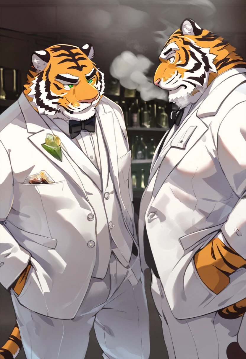 Tiger，personification，Mature male，Bad Uncle，A frivolous drinker，Cold expression，Green pupils，Black eyebrows，White suit suit，Hands in pockets，The Age of Steam，Lively bar。